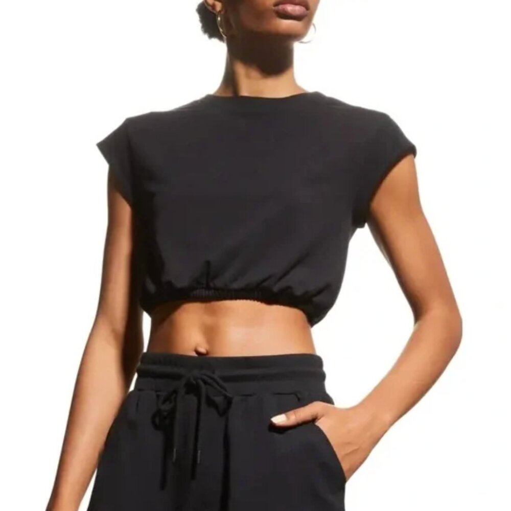 ALO Yoga Black Cropped Cap-Sleeve Elastic Hem Top